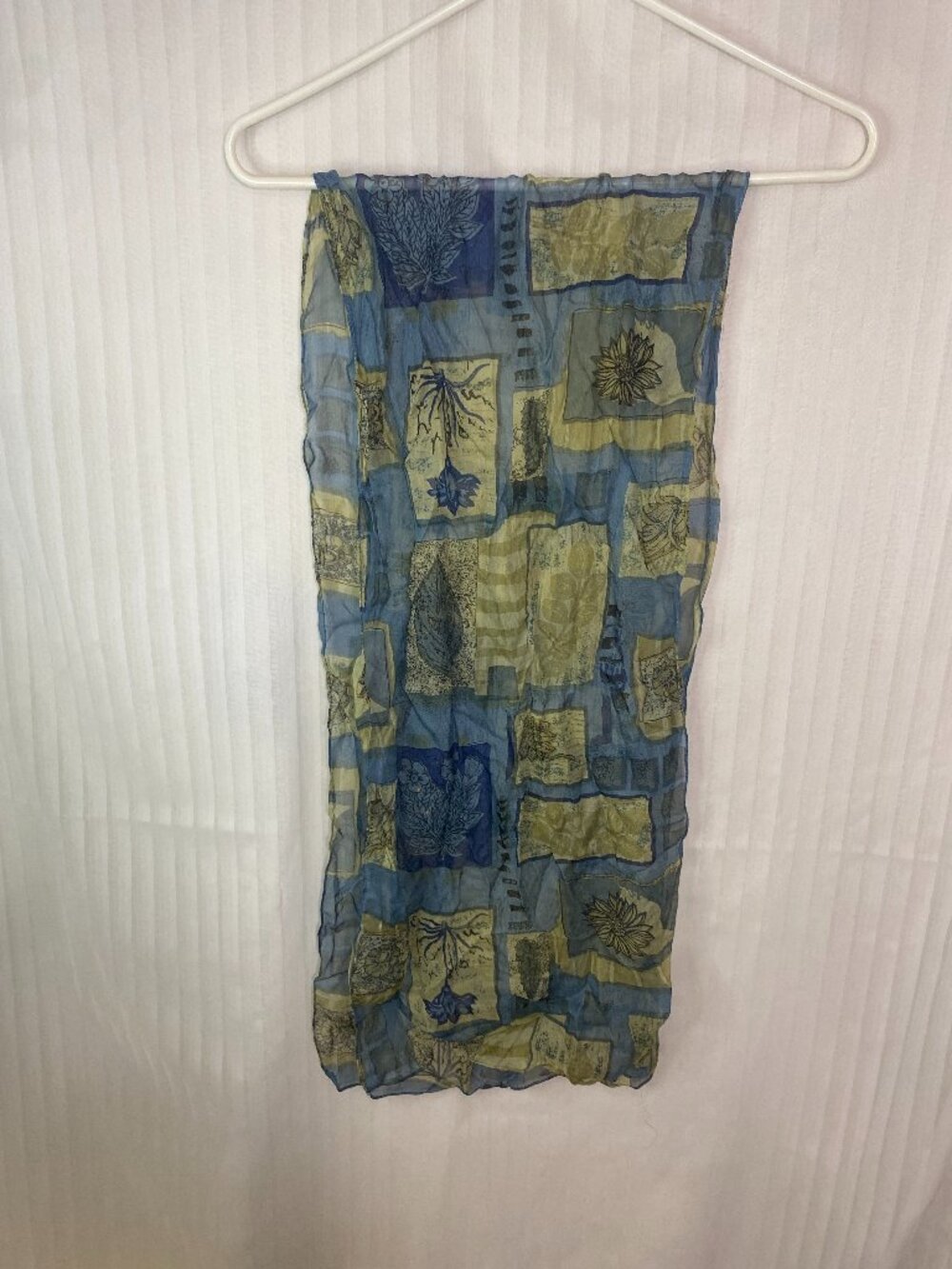 Vintage Sheer Floral Patchwork Scarf Blue Green Lightweight Boho Wrap Shawl